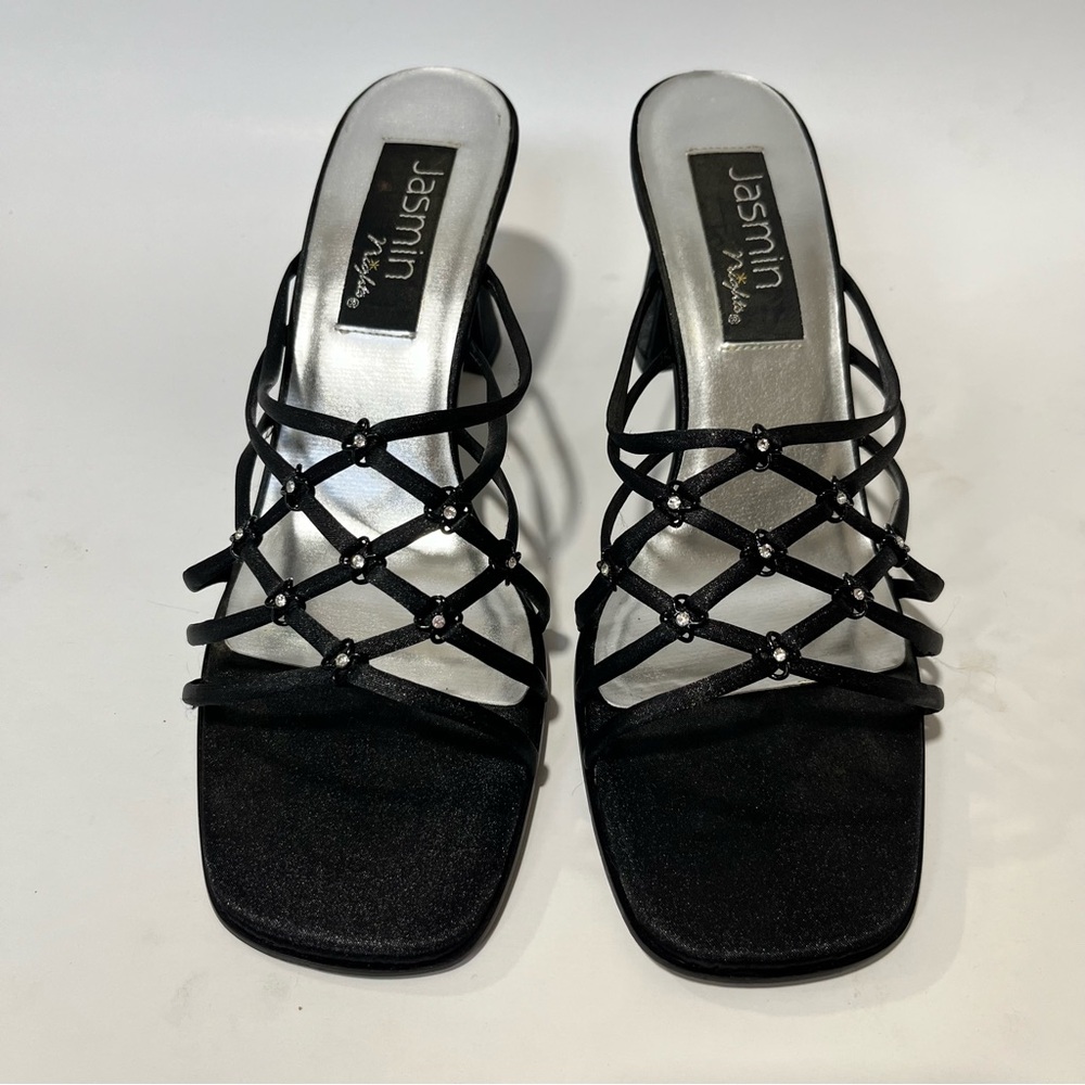 Jasmin Nights  Black Strappy Heels Slip on Rhinestones Party Dressy